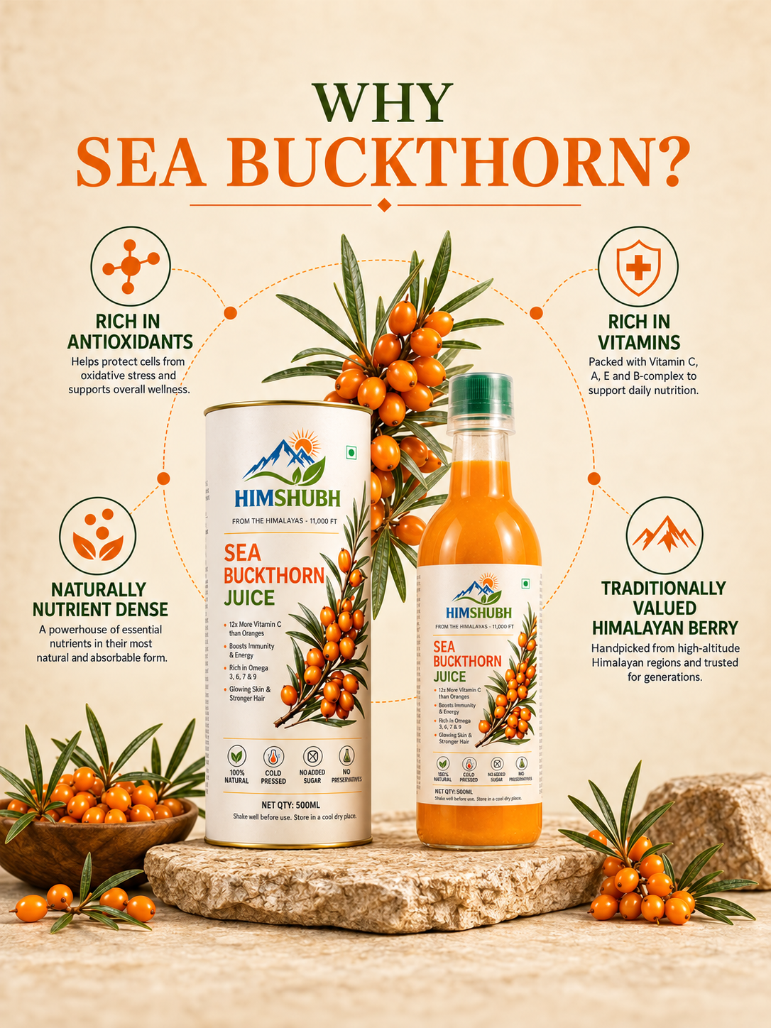 Pack of 2 | Himshubh Cold-Pressed Himalayan Sea Buckthorn Juice | 500ml × 2 | Superfruit Combo